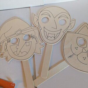 NWT Halloween 3 Wood Masks DIY Crafts Creatology Cat Witch Dracula Costume NEW